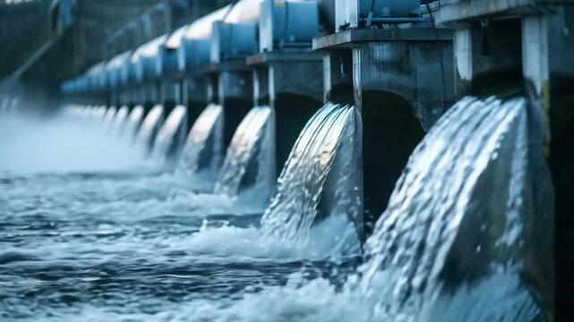 Water flow from multiple concrete pipes into body of water creating splashes and foam with cool blue liquid stream and industrial structure background illustrating dynamic water management discharge