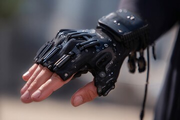 Hand Wearing a Black Cyberpunk Glove with Metallic and Plastic Details