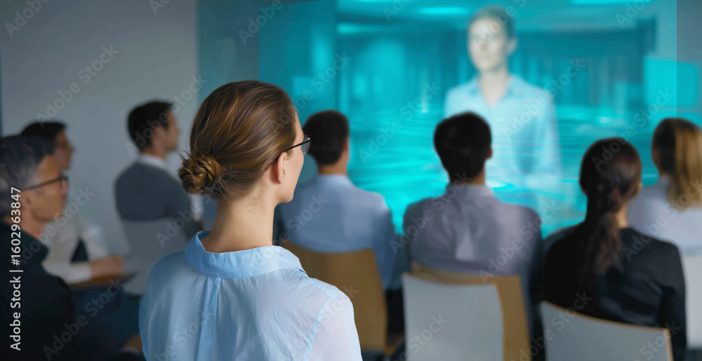 Poster participants engage in a unique seminar where a hologram trainer presents information on various top
