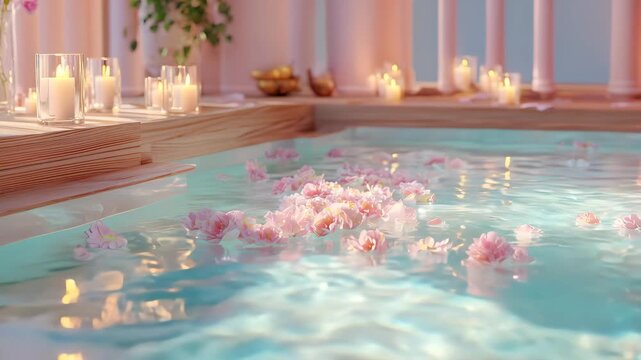 Soft pink flower petals float on clear water in serene spa pool with glowing candles and warm wooden accents creating peaceful relaxation and tranquil atmosphere