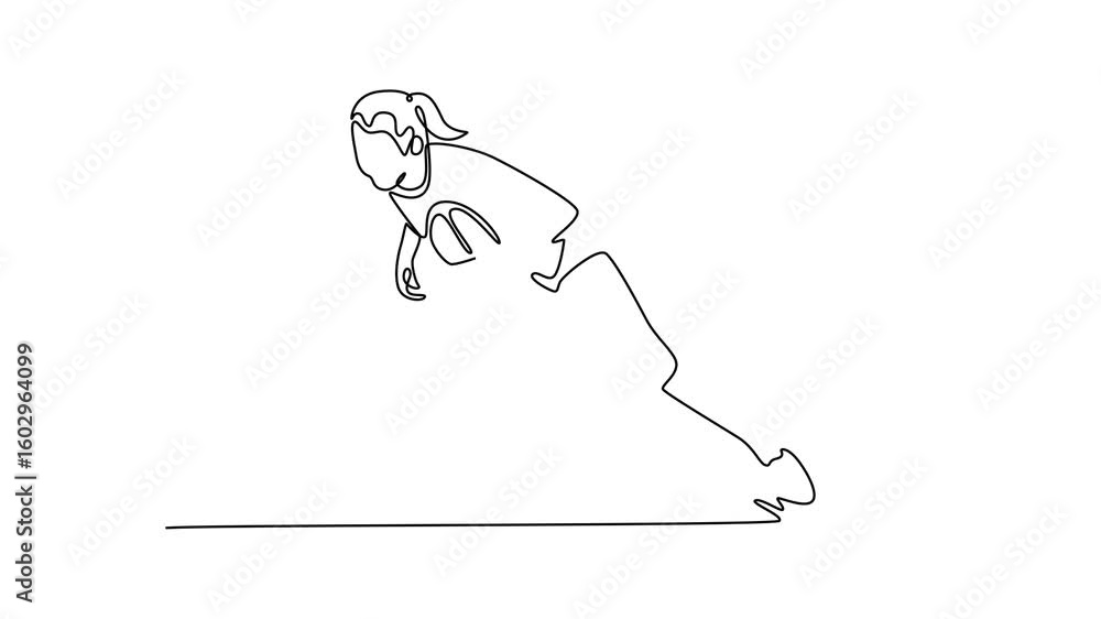 Poster self drawing animation of single line draw female rugby player on field for match, practice, game in