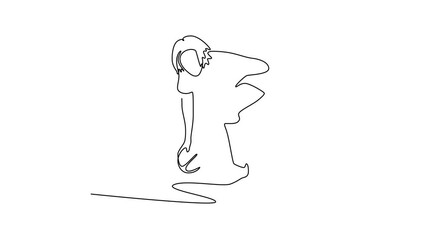 Self drawing animation of single line draw professional female rugby player placing rugby ball for kick on grass field. Active woman athlete preparing for match. Continuous line. Full length animated