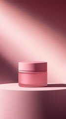 A pink cream jar on a pastel background. 