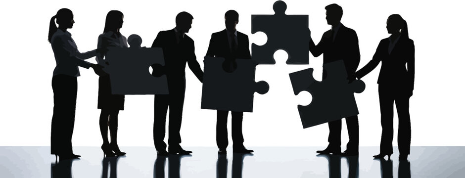 A team of professionals works together to assemble puzzle pieces creating a unified whole