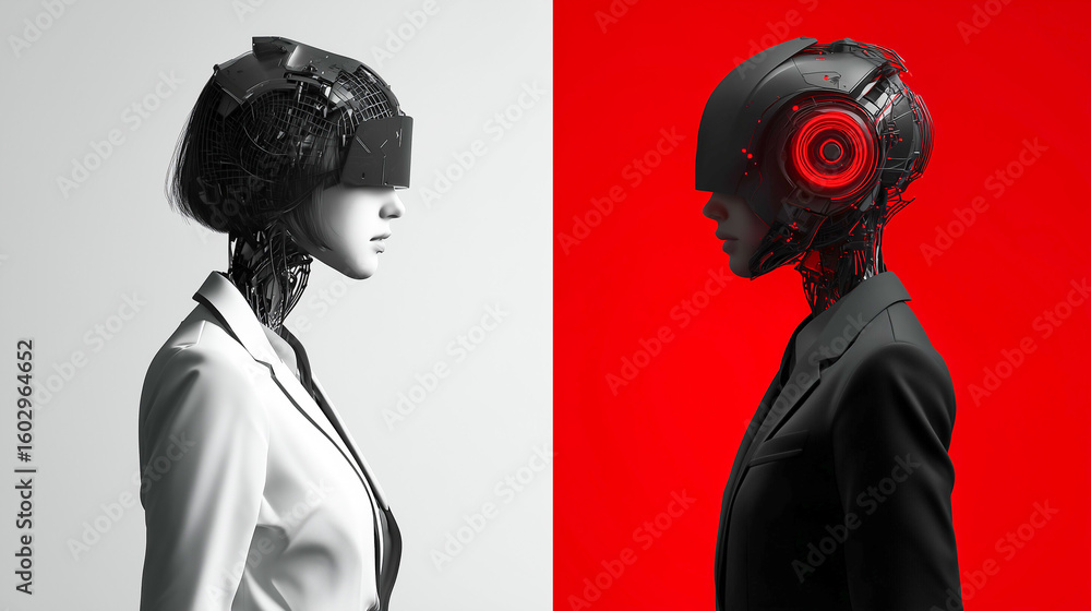 Aufkleber a thought-provoking conceptual image features a disintegrating, wired robot in a business suit facin