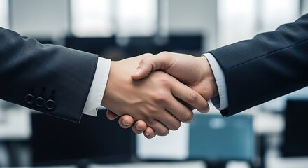 Closeup of two businessmen shaking hands in a modern office environment