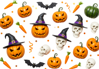 A festive halloween pattern featuring carved pumpkins with witch hats skulls bats and carrots isolated on a transparent background