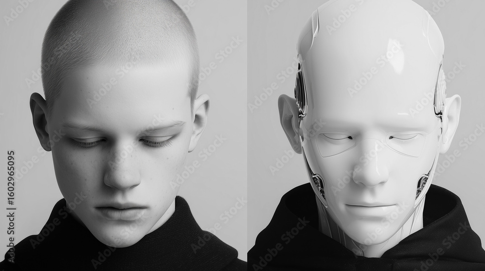 Poster a stark black and white conceptual image features a split portrait of a human and a robot, showcasin
