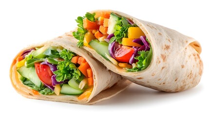 Delicious and colorful wrap, with fresh vegetables wrapped in a tortilla. A visual feast of fresh ingredients in a tasty meal