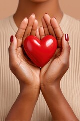Obraz premium Hands gently holding a small red heart symbolizing love and care