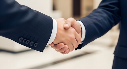 Two businessmen in dark suits shaking hands symbolizing a successful agreement