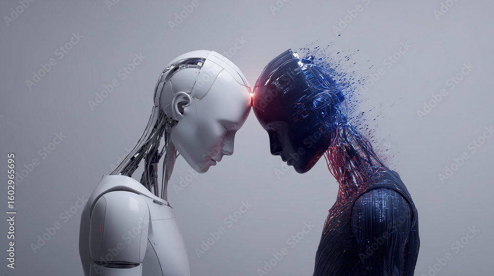 Poster a compelling and conceptual image features two humanoid robots, one white and one dark blue and disi