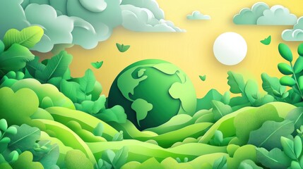 Green Earth planet surrounded by lush foliage, stylized clouds, and sun in a paper cut-out design.