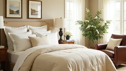 Fototapeta premium Beige comforter set on a bed in a bedroom with a decorative plant and a leather chair.
