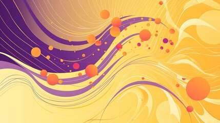Yellow and violet background with a swirl of orange circles and wavy lines in an abstract design