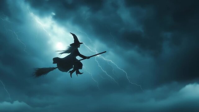 Witch silhouette flying on broomstick through dark stormy night sky with flashing lightning and mysterious clouds creating eerie and magical atmosphere under storm clouds