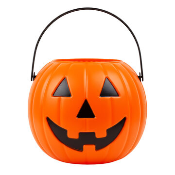 A classic orange plastic pumpkin bucket with a carved jackolantern face and a black handle isolated on transparent background