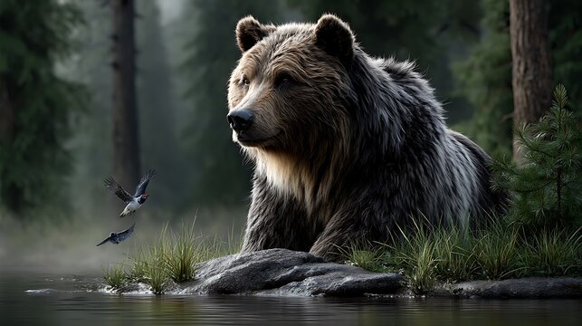 A bear and wolf fishing together in a calm river while colorful forest birds circle above in a bright, enchanted woodland.