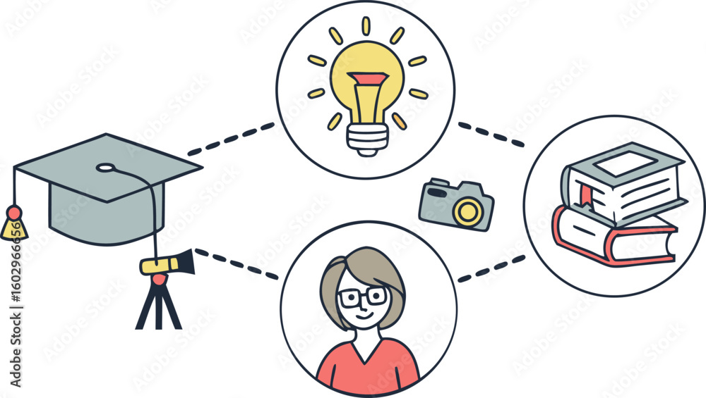 Poster illustration of a graduation cap light bulb books camera and a person with glasses connected by dash