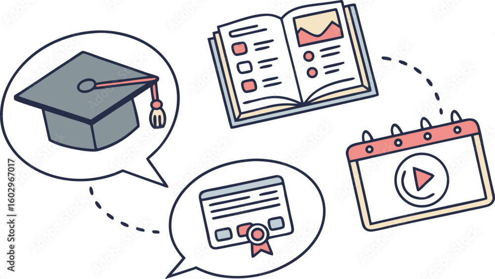 Poster conceptual illustration of online education and learning with a graduation cap open book certificate
