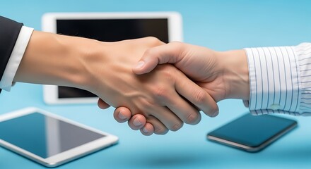 Obraz premium Two individuals shaking hands over a blue surface with tablets and a smartphone representing a technologydriven business agreement