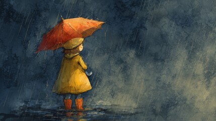 Smiling little girl in bright yellow raincoat and umbrella enjoying a rainy day little