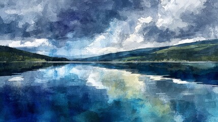 Breathtaking panoramic vista, serene lake mirrors majestic mountain range in stunning landscape painting