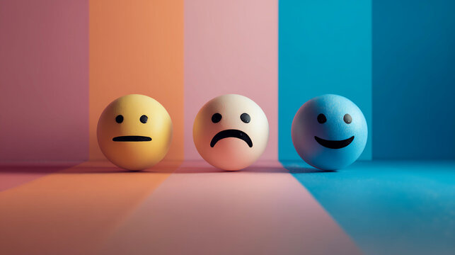A vibrant and conceptual 3D render displays three expressive emoji-like spheres—neutral, sad, and happy each on a distinct pastel background stripe, symbolizing the spectrum of human emotions or custo - Powered by Adobe