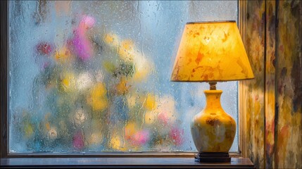 Cozy ambiance, yellow lamp illuminates window sill in a serene interior setting yellow