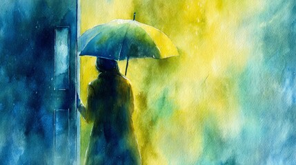 Woman finds comfort and protection under an umbrella during a rainy day