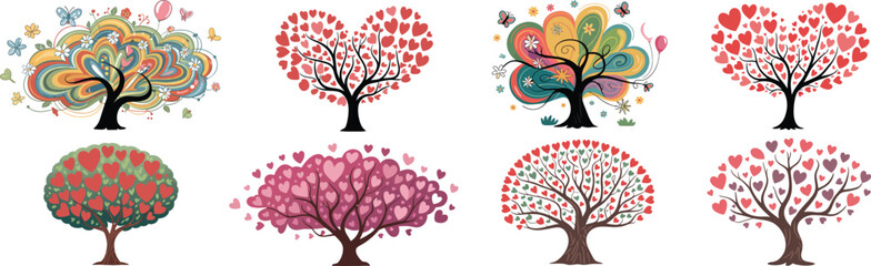 Stylized love tree vector collection. A set of decorative trees with colorful hearts and abstract swirl foliage for romantic and artistic designs.
