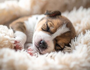 Dreaming Puppy: A peaceful puppy, nestled on a soft, textured blanket, dreams of playful adventures, capturing the essence of tranquility.
