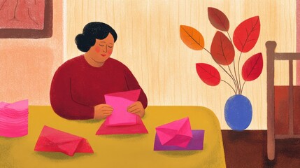 Woman managing paperwork overload at table, efficient organization and business strategies