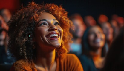 close up of face of red curly black smiling laughing young woman looking at stage sitting in audience at performance, concert or movie screening