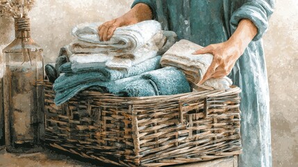 Woman efficiently managing laundry, holding a basket of freshly folded clothes