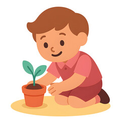 A cute cartoon boy kneels down to care for a small green seedling in a pot, illustrating the concept of nurturing and growth from a young age.