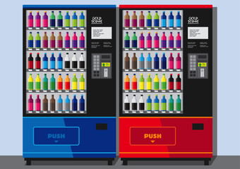 Vending Machines in Red and Blue Colors with Many Assorted Drinks