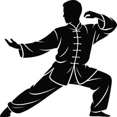 Kung Fu Martial Arts Male Silhouette in Traditional Combat Pose – Vector Clipart