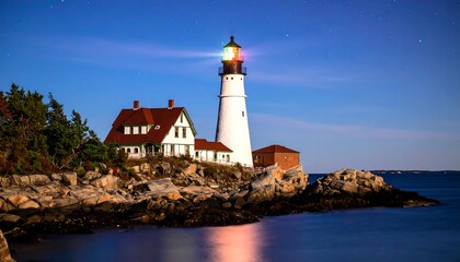 Coastal lighthouse at night, bathed in moonlight