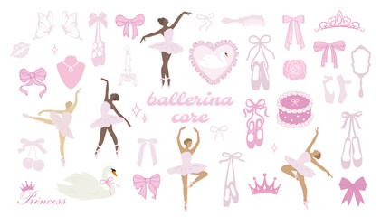 Ballerina core. Coquette ballerina aesthetic. Cute swan and princess icons. Flat style © yabluko_draws