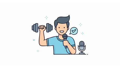 A smiling male doctor in scrubs holds up a large vaccine vial. Medical vector illustration for healthcare, prevention, and immunization concepts.