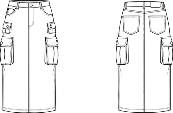 CAD drawing flat vector illustration of cargo pocket midi denim skirt front and back view, technical fashion apparel design template
