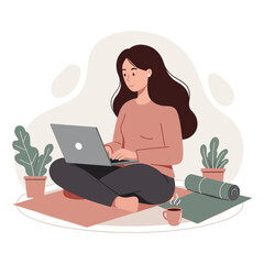 Woman sitting on floor with laptop and plants working calmly