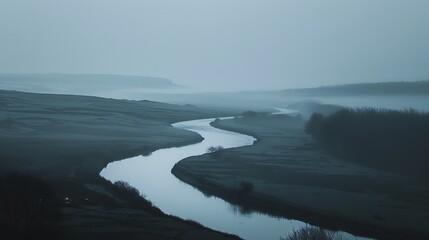A gentle river flowing through a muted landscape, captured in soft focus