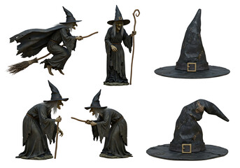 A collection of witches and witch hats isolated on transparent background