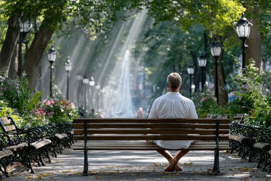 Man sitting alone on a park bench enjoying the calm atmosphere during a sunny day