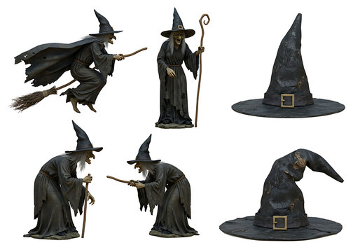 A collection of witches and witch hats isolated on transparent background