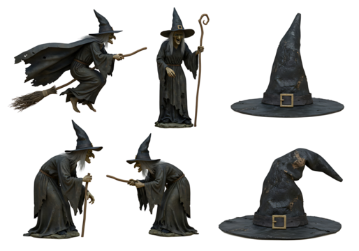 A collection of witches and witch hats isolated on transparent background