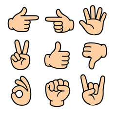 Cute cartoon hand gestures icons set, perfect for web design.
