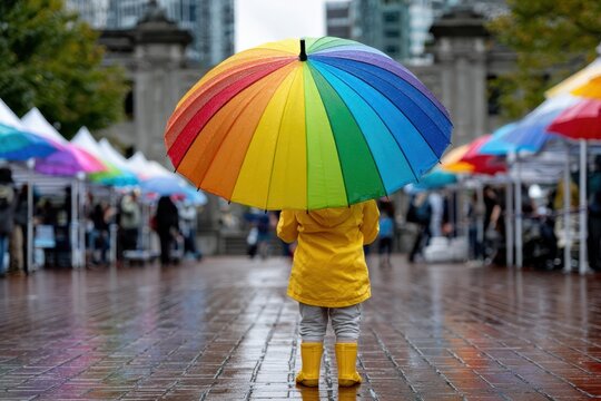 Colorful umbrella brightens rainy market day in urban setting with vibrant vendor stalls